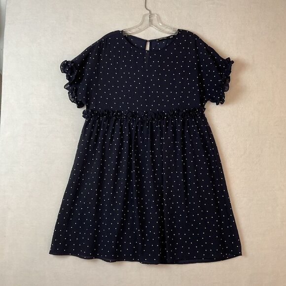 Doe & Rae Dresses & Skirts - Doe & Rae Babydoll Dress Womens S Navy Blue White Polka Dots Short Sleeve Ruffle